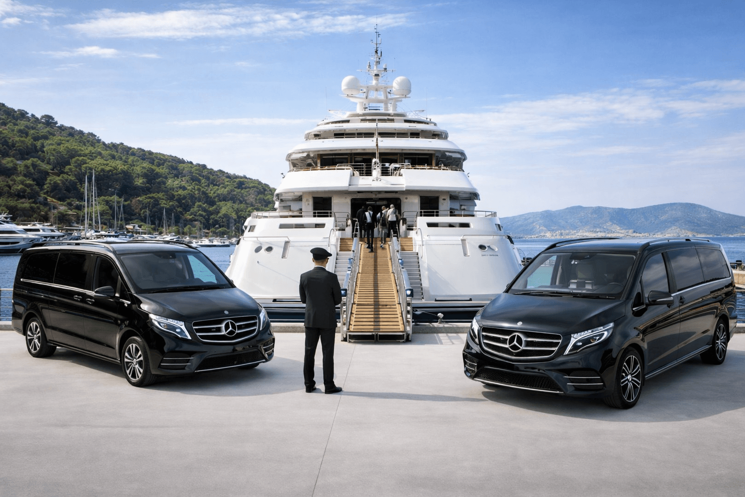Luxury minivans at a Greek marina for port transfers